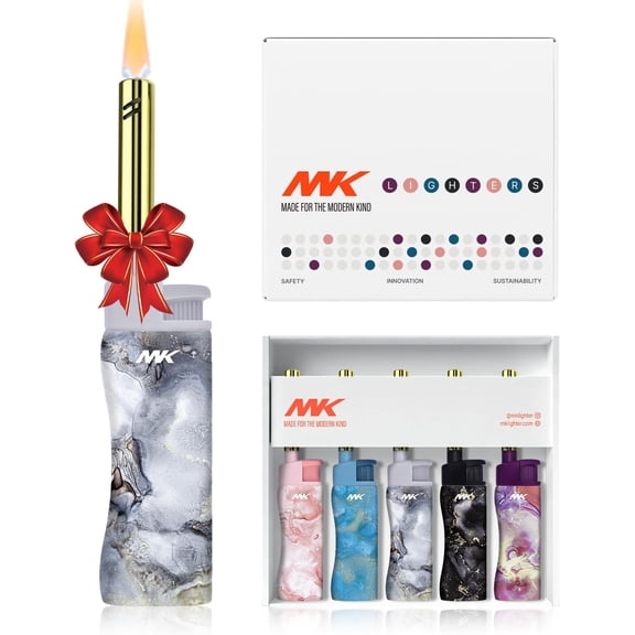5pc MK Lighter Refillable Butane Lighters  Windproof Torch Flame, Multipurpose Jet Flame Butane with Long Wand for Indoor & Outdoor Use Gift Couples Friends Family (Marble - 5PCS)