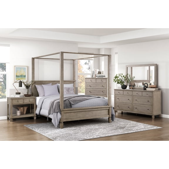 5pc Master Bedroom Cal-King Size Canopy Bed Set Gray Oak Finish Strong Wooden Furniture