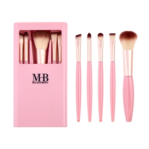 5pc Mini Travel Brush Set with Mirror Compact – Professional Portable Makeup Kit including Powder, Eyeshadow, Concealer, and Eyeliner Brushes – Pink Cosmetic Tool Set
