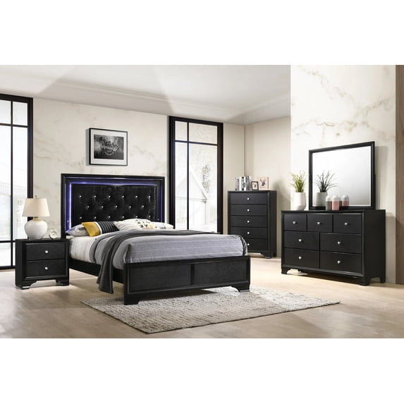 5pc Modern Glam Style Full Size Upholstery LED Bed Dresser Mirror Nightstand Set Wooden Bedroom Furniture Black
