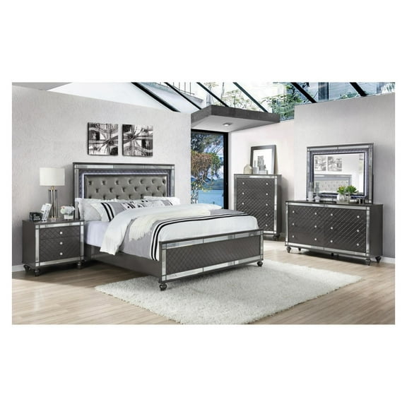 5pc Modern Glam Style LED HB Gray Charcoal Finish Queen Size Panel Bedroom Set Solid Wood Furniture