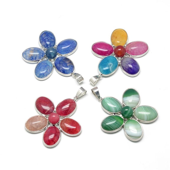5pc Natural Agate Big Pendants with Brass Findings Dyed Flower Platinum 52~54x50~52x12mm Hole: 9x6mm
