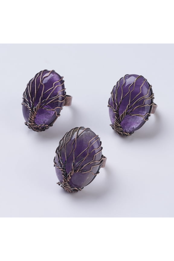 5pc Natural Amethyst Adjustable Finger Ring Wide Band Rings Oval Red Copper Size 9 19mm