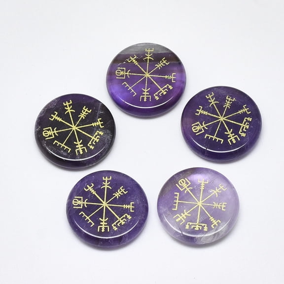 5pc Natural Amethyst Cabochons Flat Round with Nordic Pagan Pattern 25x5.5mm