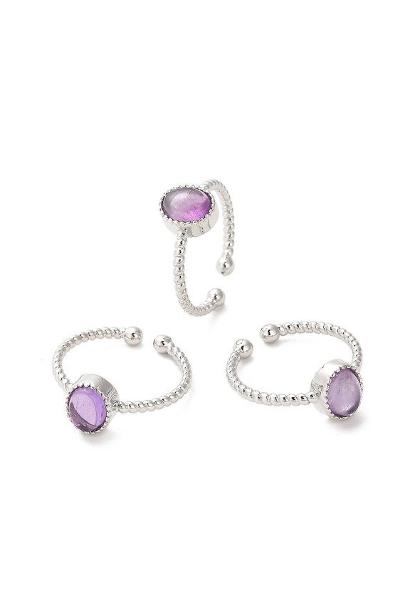 5pc Natural Amethyst Open Cuff Ring with Brass Findings Oval Inner Diameter: 18~18.7mm