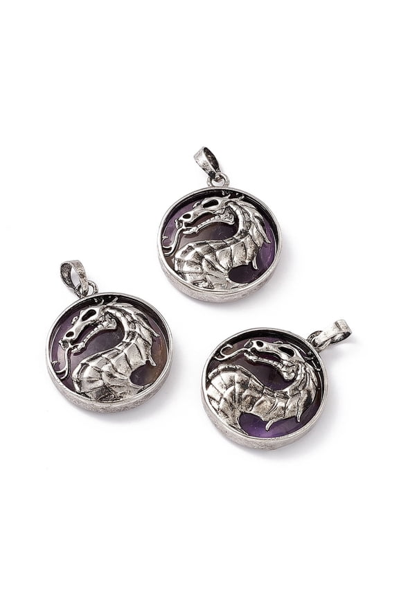 5pc Natural Amethyst Pendants Flat Round Charms with Rack Plating Silver Tone Brass Dragon Cadmium Free & Lead Free 32x28x7.5mm Hole: 8.5x5mm