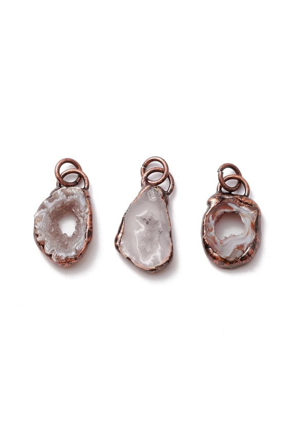 5pc Natural Druzy Agate Pendants with Red Copper Tone Tin Findings Lead & Nickel & Cadmium Free Nuggets 25~48x12~23x5~7mm