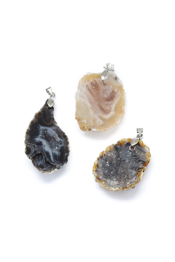 5pc Natural Druzy Geode Agate Pendants with Brass Findings Platinum 37.5~49x22.5~27.5x8.5~9.5mm Hole: 3.5x4.5mm