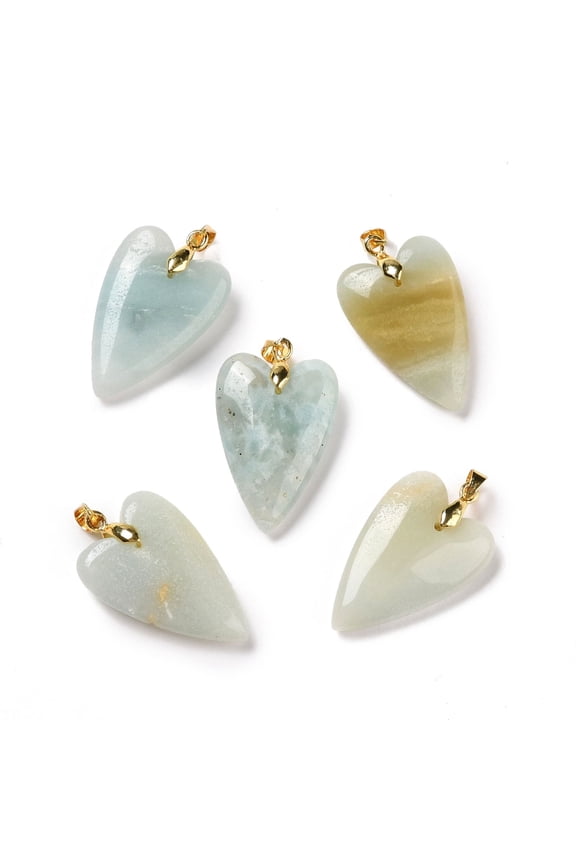 5pc Natural Flower Amazonite Pendants with Rack Plating Golden Plated Brass Findings Long-Lasting Plated Heart 32~34x20x8mm Hole: 4x4mm