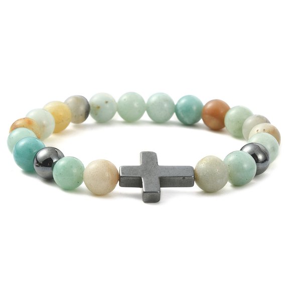 5pc Natural Flower Amazonite & Synthetic Hematite Corss Beaded Stretch Bracelets Inner Diameter: 2-1/8~2-1/4 inch(5.5~5.7cm) DIY