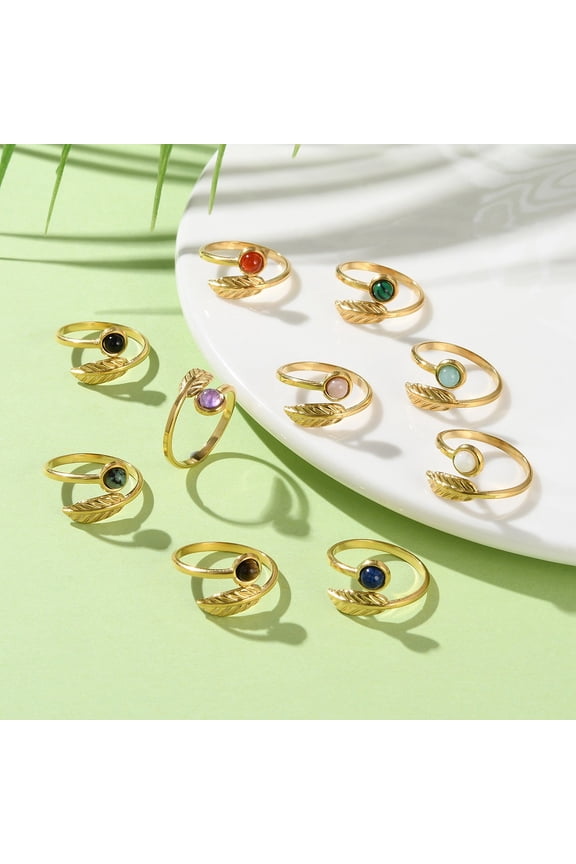 5pc Natural & Gemstone Finger Rings Real 18K Gold Plated 304 Stainless Steel Open Cuff Rings Feather US Size 6 1/2(16.9mm)