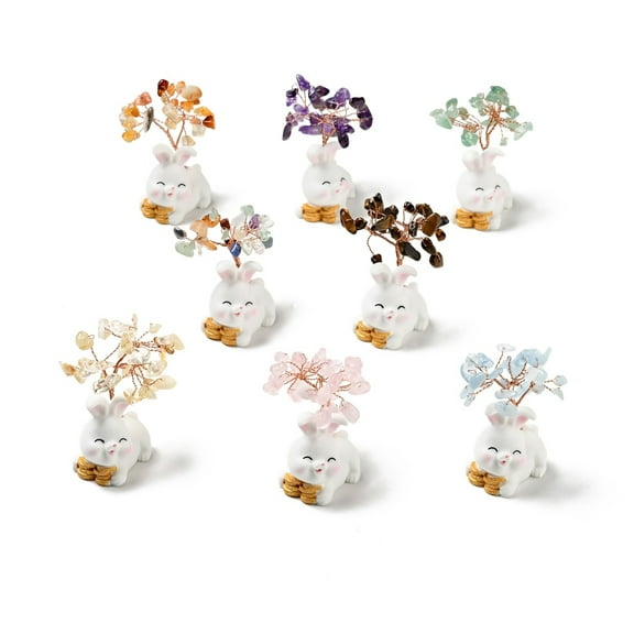 5pc Natural Gemstone Tree Display Decorations Resin Rabbit Base Feng Shui Ornament for Wealth Luck Rose Gold 26x42~49x62~64mm DIY