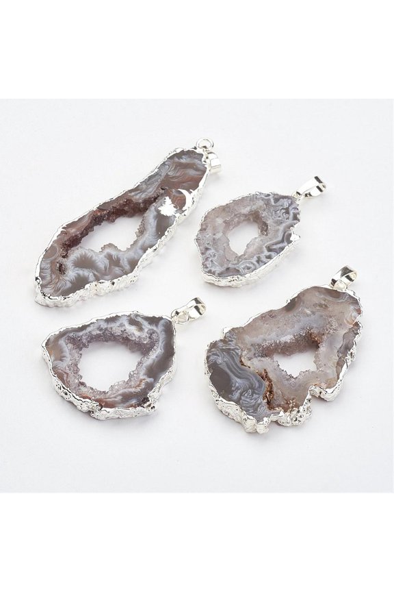5pc Natural Geode Agate Pendants with Brass Findings Nuggets Silver Color Plated 38~65x18~40x5~6mm Hole: 5x7mm