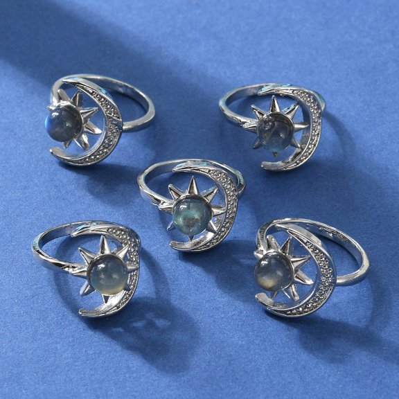 5pc Natural Labradorite Finger Rings Platinum Tone Brass Jewelry for Women Moon & Sun 2mm Inner Diameter: US Size 6(16.5mm)