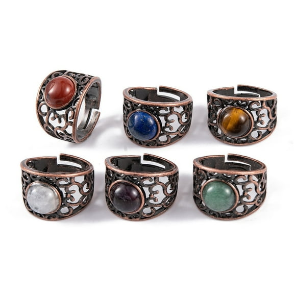 5pc Natural Mixed Stone Round Adjustable Rings Red Copper Plated Brass Wide Band Rings for Men Inner Diameter: 19mm