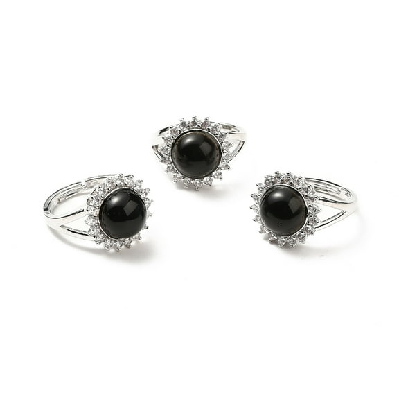 5pc Natural Obsidian Adjustable Rings Platinum Tone Flower Brass Rhinestone Rings for Women Cadmium Free & Lead Free US Size 8(18.1mm) 2.5~8mm