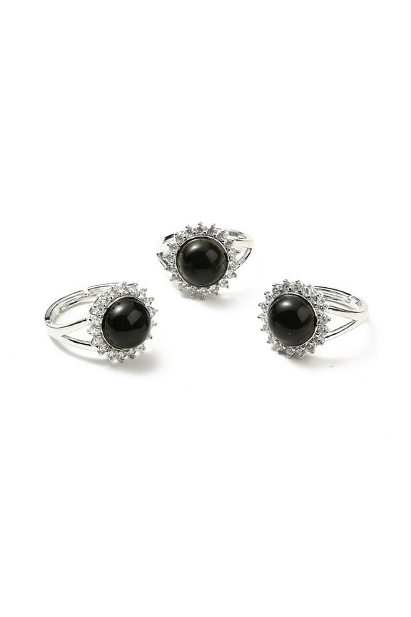5pc Natural Obsidian Adjustable Rings Platinum Tone Flower Brass Rhinestone Rings for Women Cadmium Free & Lead Free US Size 8(18.1mm) 2.5~8mm
