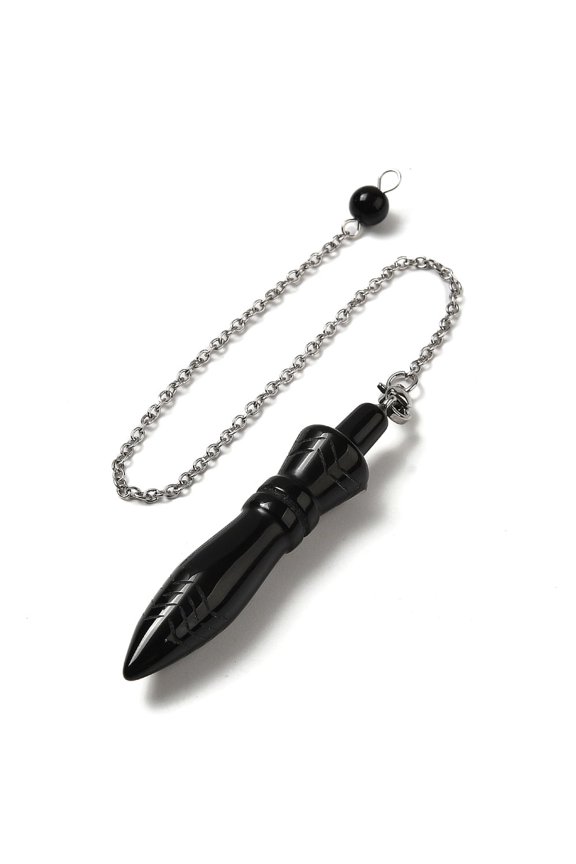 5pc Natural Obsidian Pointed Dowsing Pendulums with 304 Stainless Steel Chains Charm 243mm 60x12.5mm Hole: 3mm