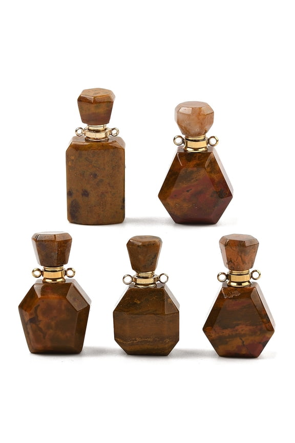 5pc Natural Ocean Jasper Perfume Bottle Pendants with Golden Tone Stainless Steel Findings Mixed Shapes 32~37x15~22x12~16mm Hole: 1.8mm Capacity: 5ml(0.17fl. oz)