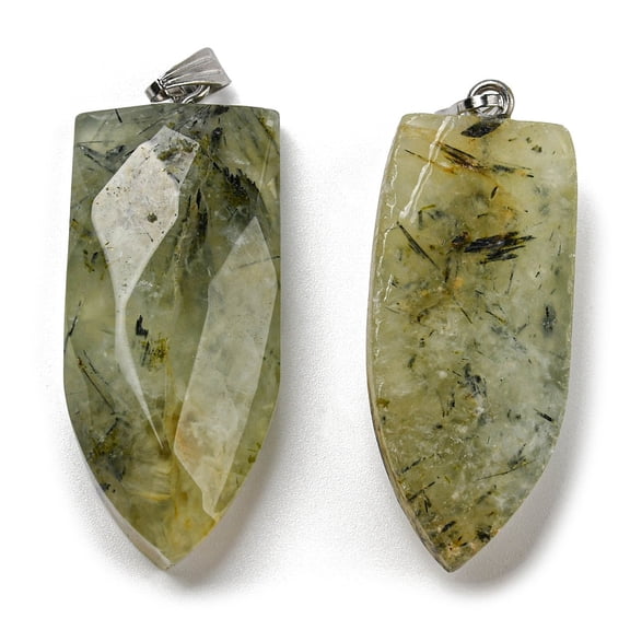 5pc Natural Prehnite Pointed Pendants Faceted Bullet Charms with Platinum Tone 201 Stainless Steel Snap on Bails 42~42.5x17.5~18.5x8~8.5mm Hole: 8.2x3mm