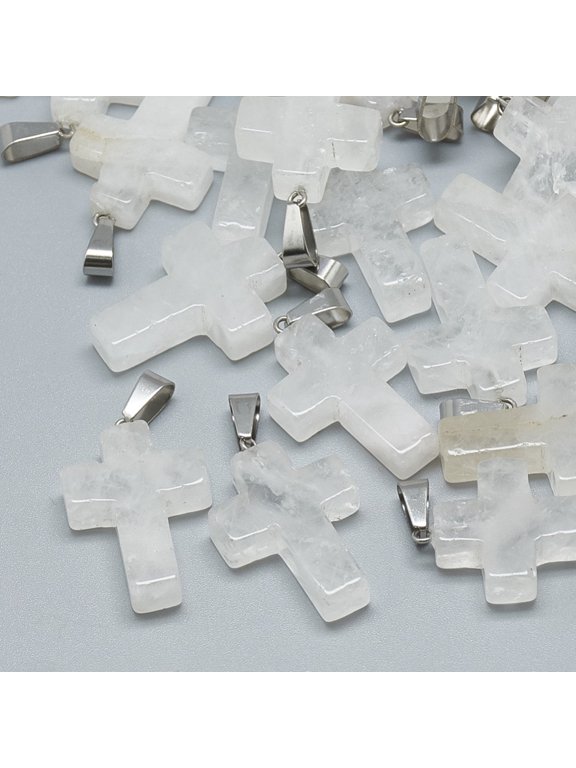 5pc Natural Quartz Crystal Pendants Rock Crystal Pendants with Stainless Steel Snap On Bails Cross 29~30x18~19x5~6mm Hole: 6x4mm DIY