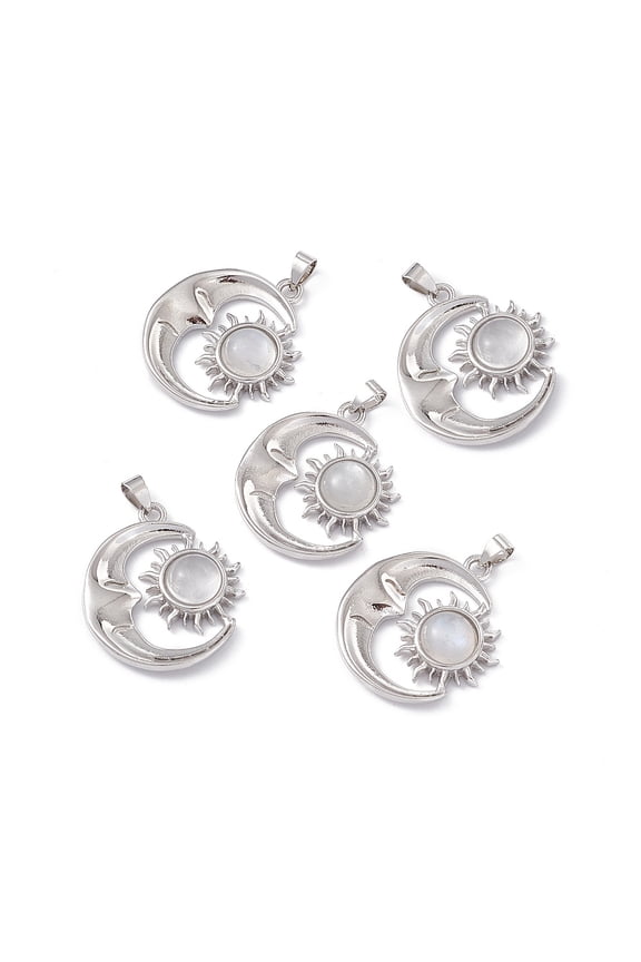 5pc Natural Rainbow Moonstone Pendants Moon Charms with Sun with Platinum Color Brass Findings 26.5~27x23~23.5x6mm Hole: 4x3.5~4mm