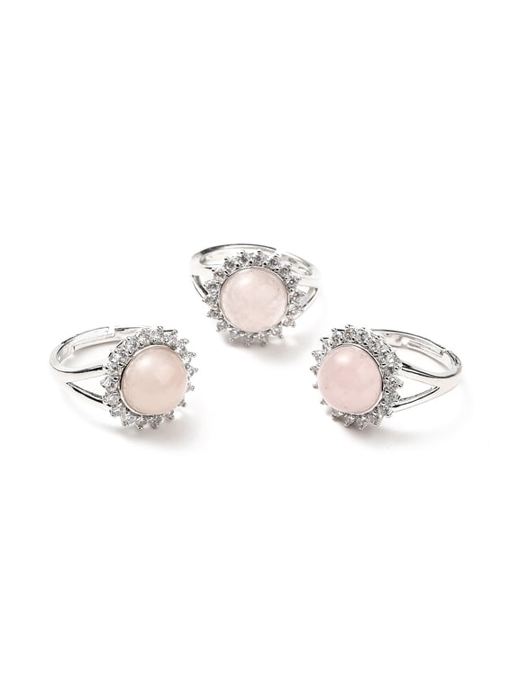 5pc Natural Rose Quartz Adjustable Rings Platinum Tone Flower Brass Rhinestone Rings for Women Cadmium Free & Lead Free US Size 8(18.1mm) 2.5~8mm