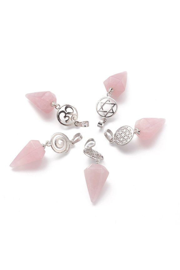5pc Natural Rose Quartz Pendants with Platinum Brass Snap on Bails Votex/Om Symbol/Tree of Life/Flower of Life/Star of David Cone Pendulum 48mm Hole: 8mm