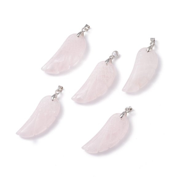 5pc Natural Rose Quartz Pendants with Platinum Plated Brass Loops Wing 36x15~16.6x6.5~7.7mm Hole: 5x4mm