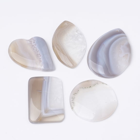 5pc Natural Striped Agate/Banded Agate Pendants Mixed Shape Floral White 38~56x31~43x5~7mm Hole: 1.6mm