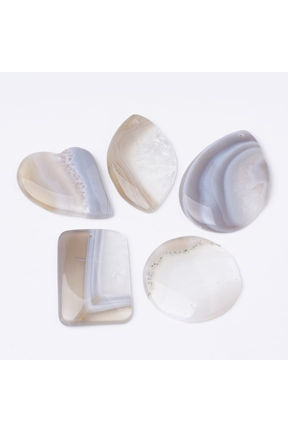 5pc Natural Striped Agate/Banded Agate Pendants Mixed Shape Floral White 38~56x31~43x5~7mm Hole: 1.6mm