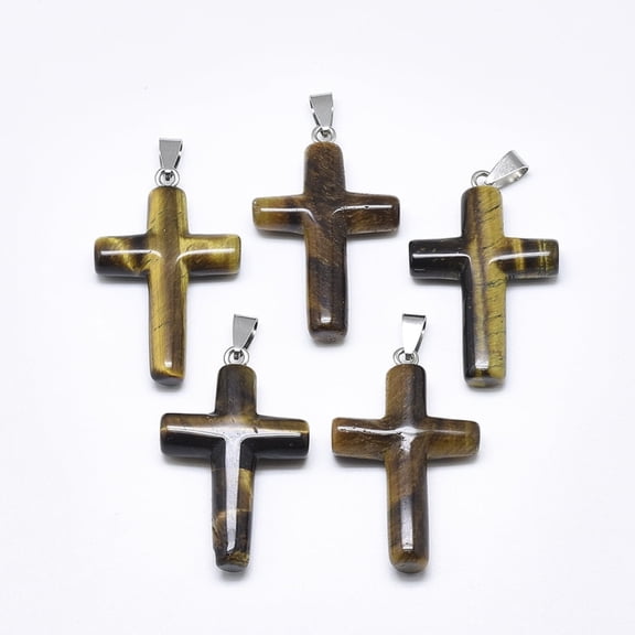 5pc Natural Tiger Eye Pendants with Stainless Steel Snap On Bails Cross Stainless Steel Color 44~46x28x8mm Hole: 3~4x7~8.5mm