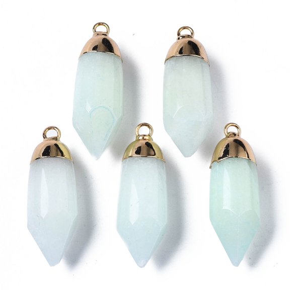 5pc Natural White Jade Pointed Pendants with Light Gold Brass Loop Dyed Bullet Honeydew 35x12x12mm Hole: 2mm