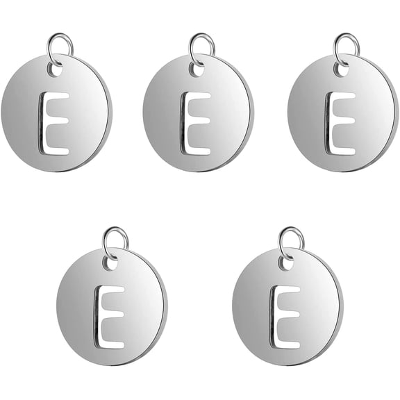 5pc Non-Tarnish 304 Stainless Steel Charms Flat Round with Letter Stainless Steel Color Letter.E 12x1mm Hole: 2.5mm