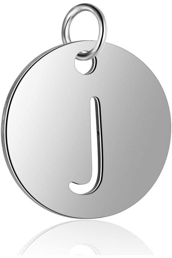 5pc Non-Tarnish 304 Stainless Steel Charms Flat Round with Letter Stainless Steel Color Letter.J 12x1mm Hole: 2.5mm