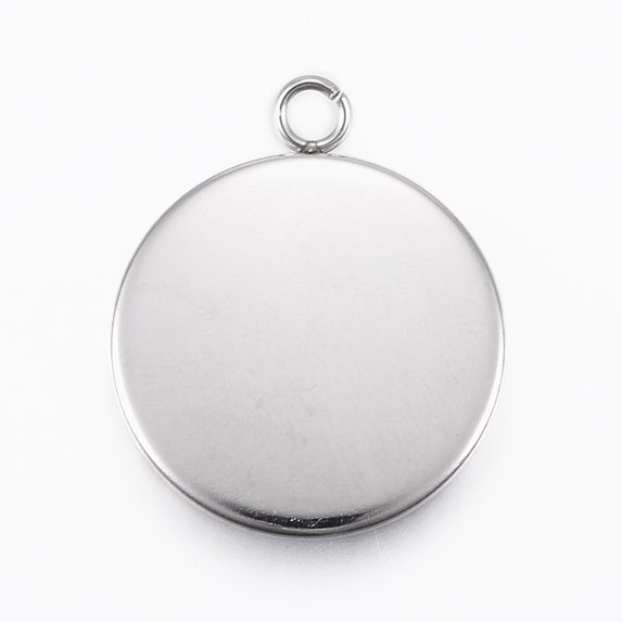 5pc Non-Tarnish 304 Stainless Steel Pendant Cabochon Settings Flat Round Stainless Steel Color Tray: 20mm 26.5x22x2mm Hole: 3mm