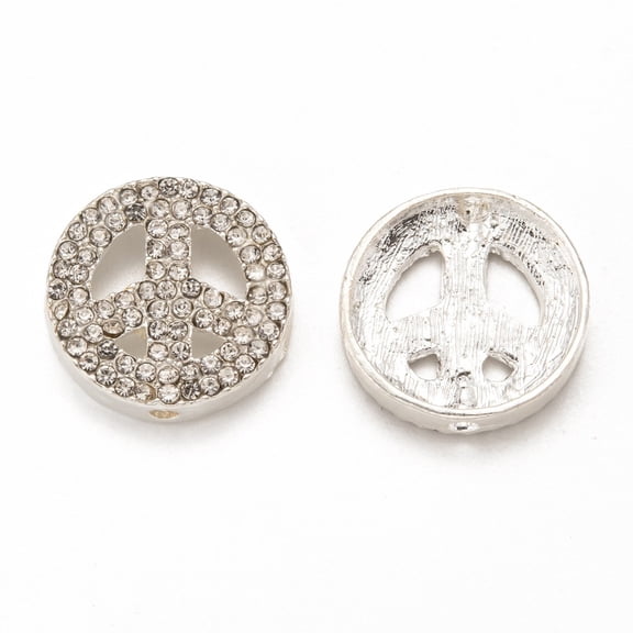 5pc Peace Sign Alloy Crystal Rhinestone Beads Silver Color Plated 20x5mm Hole: 2mm