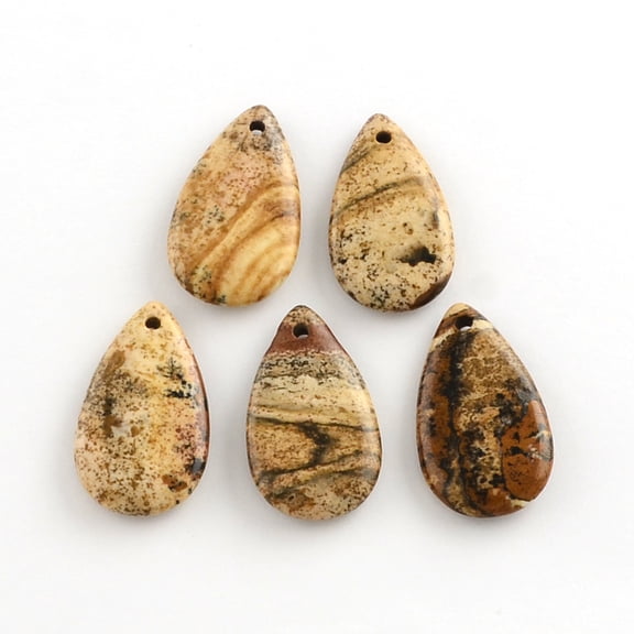 5pc Picture Jasper Gemstone Pendants teardrop 33x19x5~5.5mm Hole: 2mm