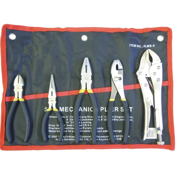 5pc Pliers Set, Locking Grip, Joint, Linesman, Long Nose, Diagonal Pliers