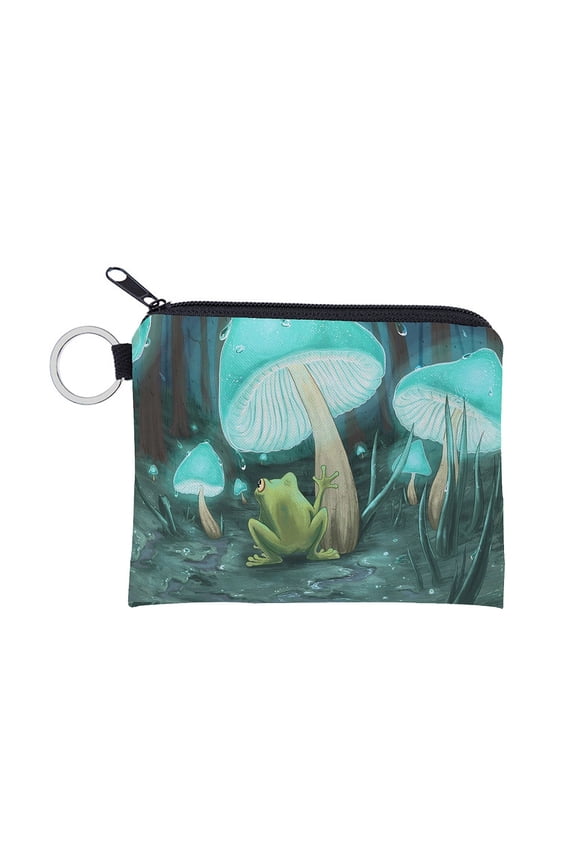 5pc Polyester Zip Pouches Change Purse Rectangle with Mushroom Pattern Turquoise 9.3x11.3cm