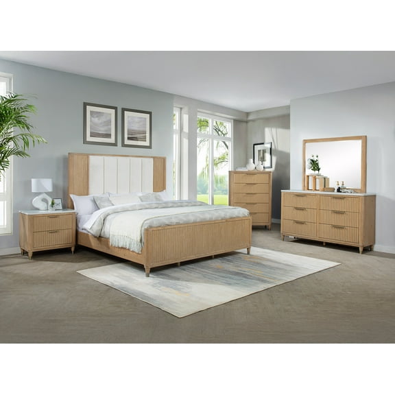 5pc Queen Bed Set Paneled Headboard Textured Accents Natural Finish Furniture
