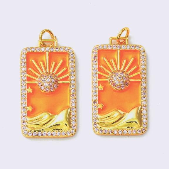 5pc Rack Plating Brass Micro Pave Clear Cubic Zirconia Pendants with Enamel Cadmium Free & Nickel Free & Lead Free Real 18K Gold Plated Rectangle with Sun Dark Orange 27x14x3.5mm Hole: 3.4mm