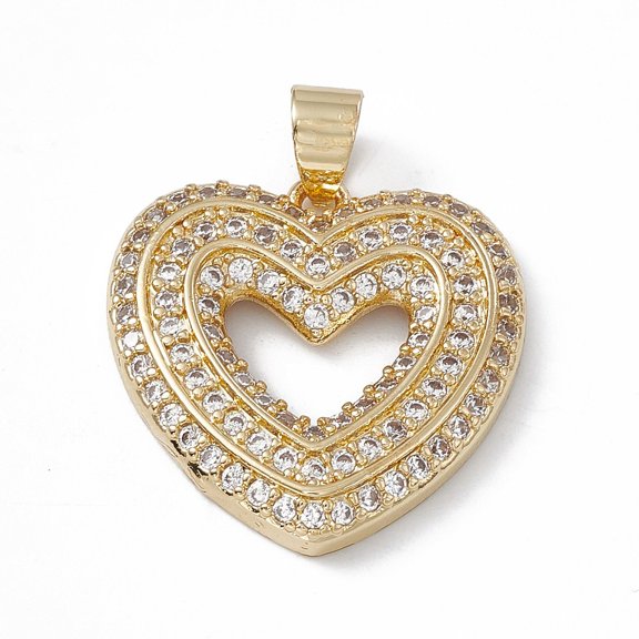 5pc Rack Plating Brass Micro Pave Cubic Zirconia Pendants Cadmium Free & Lead Free Long-Lasting Plated Heart Charm Real 18K Gold Plated 23.5x24x3.5mm Hole: 4x5mm