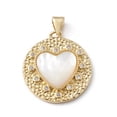 thumbnail image 1 of 5pc Rack Plating Brass Micro Pave Cubic Zirconia Pendants with Shell Long-Lasting Plated Cadmium Free & Lead Free Hammered Flat Round with Heart Charm Real 18K Gold Plated 25x22x4mm Hole: 5x3mm, 1 of 3