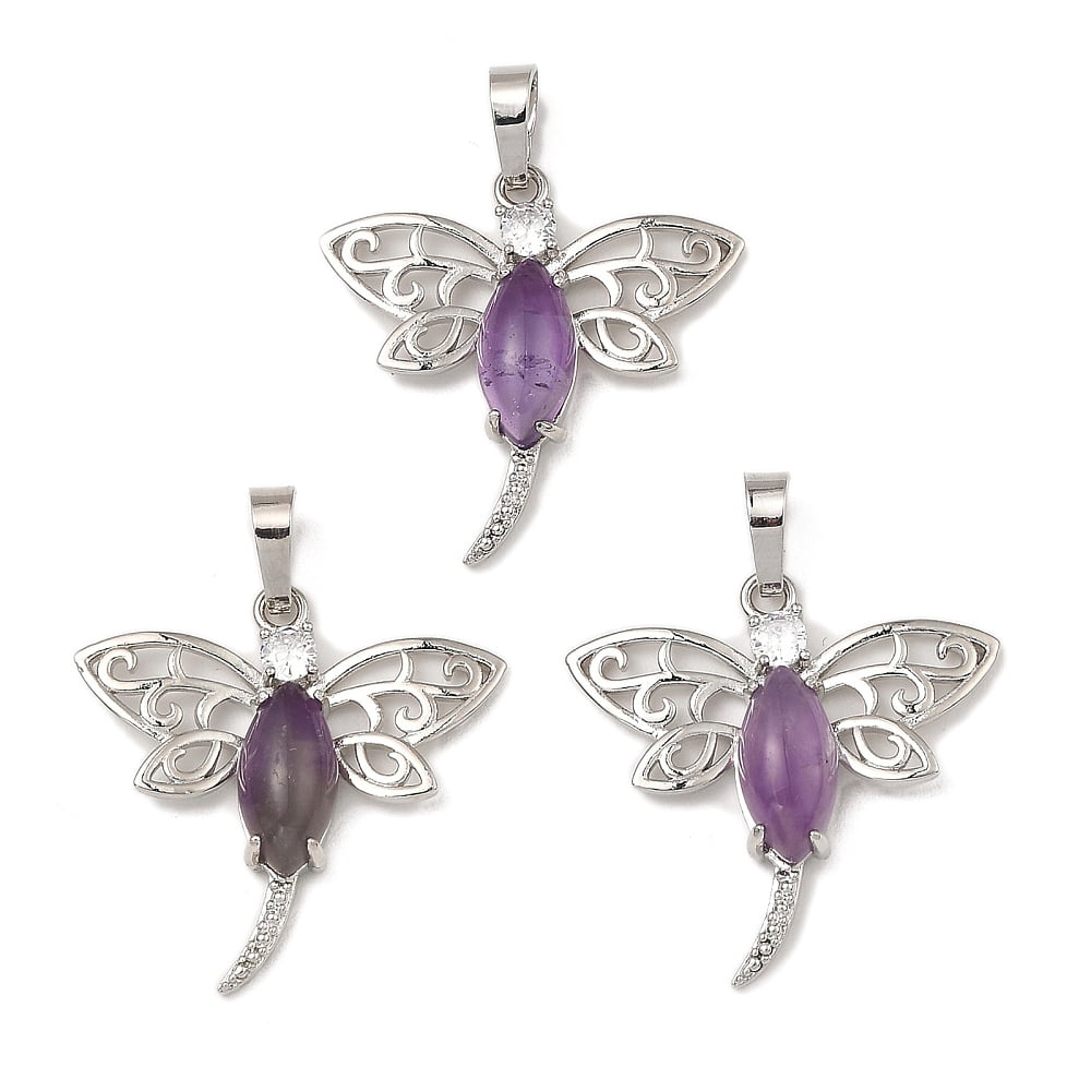 5pc Rack Plating Brass Pendants with Natural Amethyst Dragonfly Charms ...
