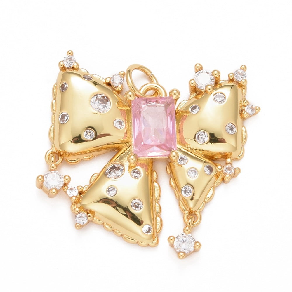 5pc Rack Plating Brass Pink & Clear Cubic Zirconia Pendants Bowknot Real 18K Gold Plated 24.5x24.5x4mm Jump Ring: 5x0.5mm Inner Diameter: 3.5mm