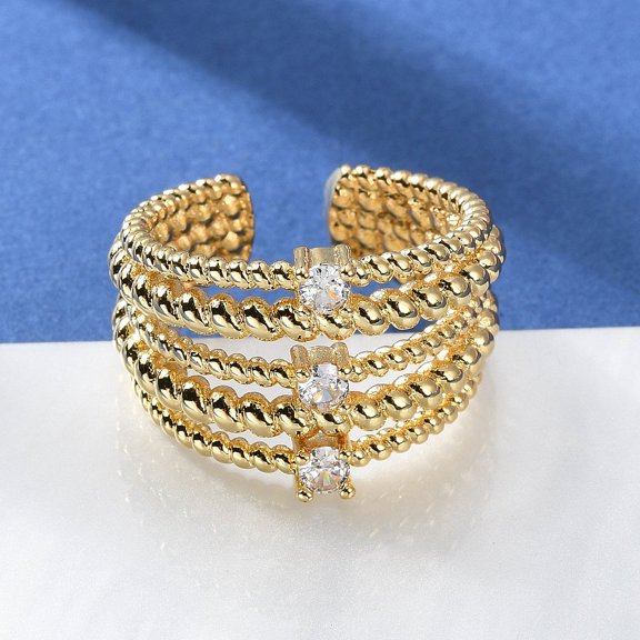 5pc Rack Plating Real 18K Gold Plated Brass Multi Lines Open Cuff Rings with Cubic Zirconia Long-Lasting Plated Lead Free & Cadmium Free Clear US Size 8 1/2(18.5mm)