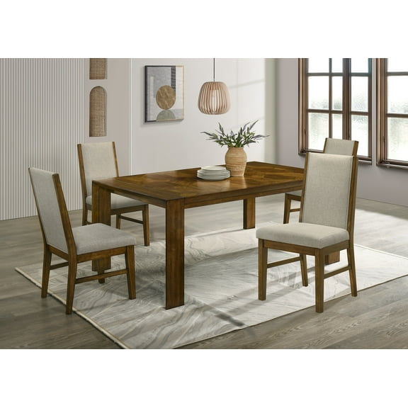 5pc Rectangular Dining Table Handcrafted Feel Solid Wood Tailored Chairs Tufted Upholstered Soft Neutral Fabric Wooden Dining Room Furniture