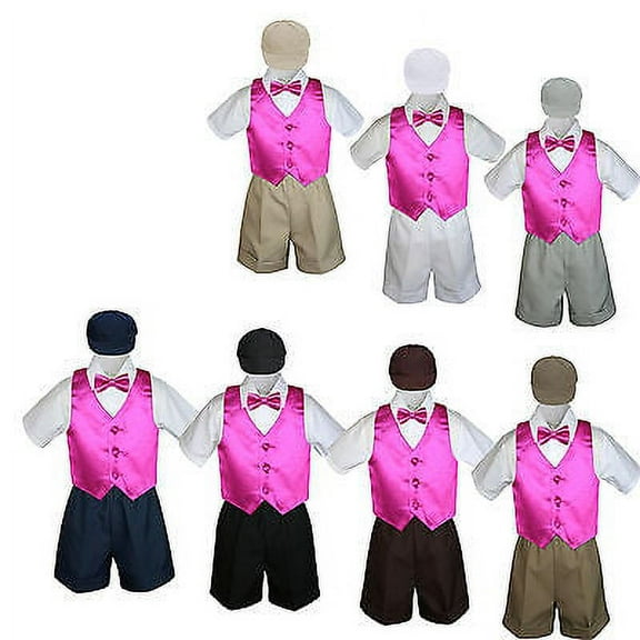 5pc Set Boy Toddler Formal Fuchsia Vest Bow Tie Black Khaki Navy Hat Shorts S-4T