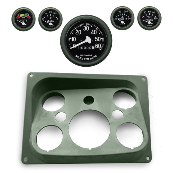 5pc Set of Gauges + Dashboard Instrument Panel, Includes Speedometer, Fuel, Water, Pressure, Battery Voltage Gauge, Fits All Models of Military Humvee- Green